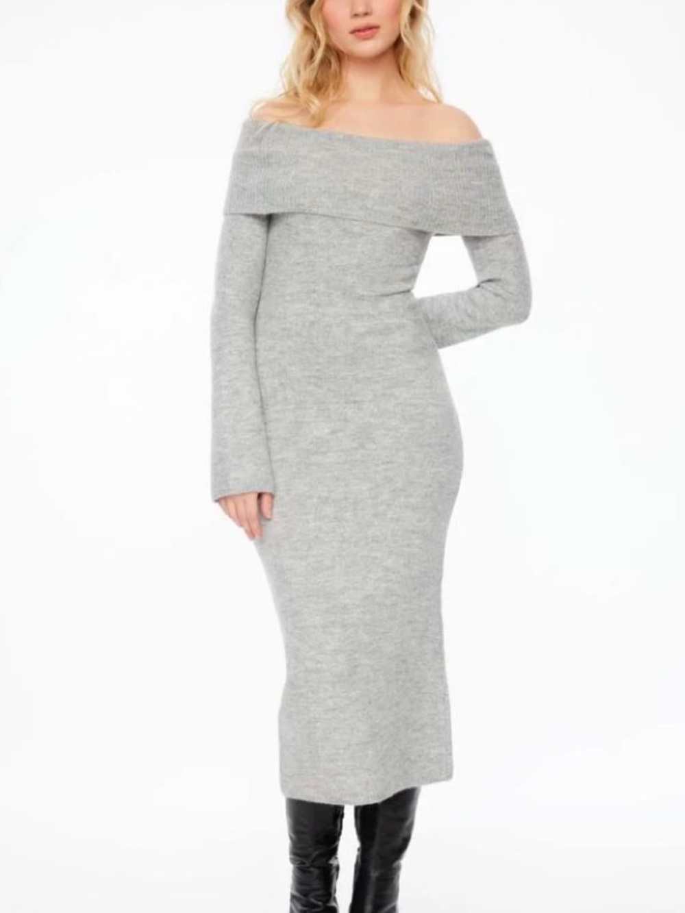 Off-Shoulder Ribbed Knit Midi Sweater Dress - Light Gray